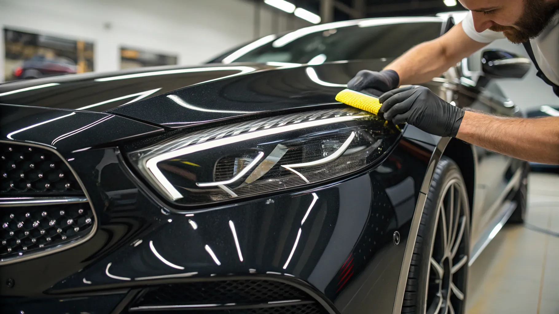 black plastic trim restoration showcased with detailed applicator and shiny finish.
