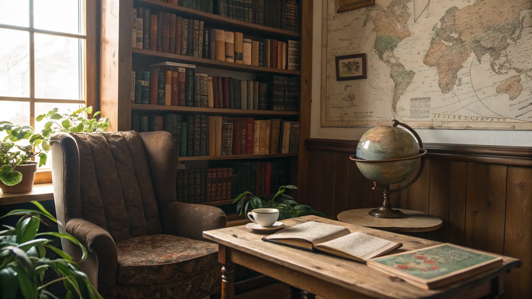 Book Guide for History Lovers: A cozy reading nook with historical books and vintage decor.