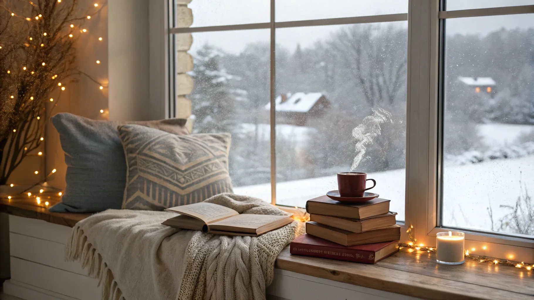 Book Guide for Winter Reading: A cozy nook with blankets, books, and a snowy scene outside.