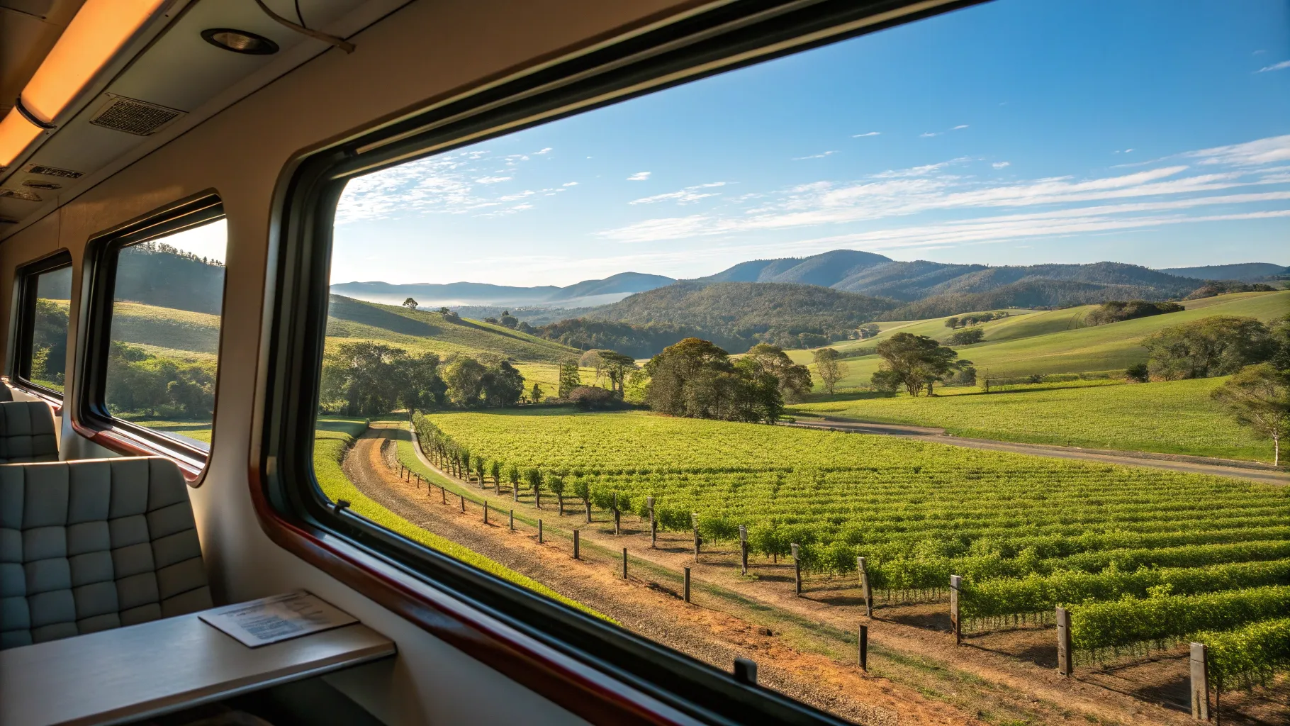 Brisbane to Melbourne Train Tours showcase stunning landscapes through train windows.