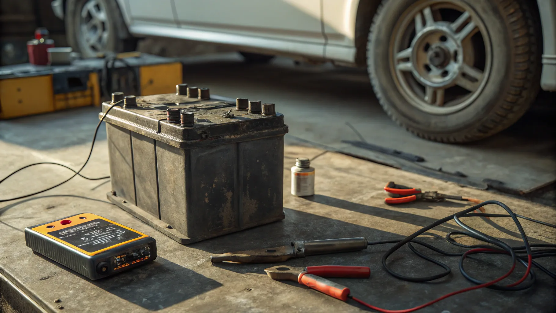 When to replace your car battery: A close-up of a battery with tools on a workbench.