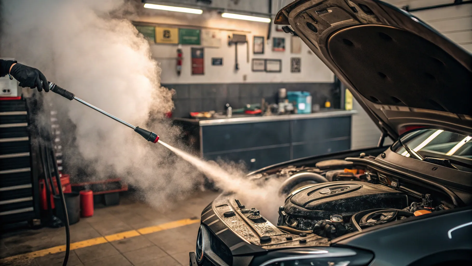 Pros and cons of steam cleaning engines: car engine steam cleaning in action.