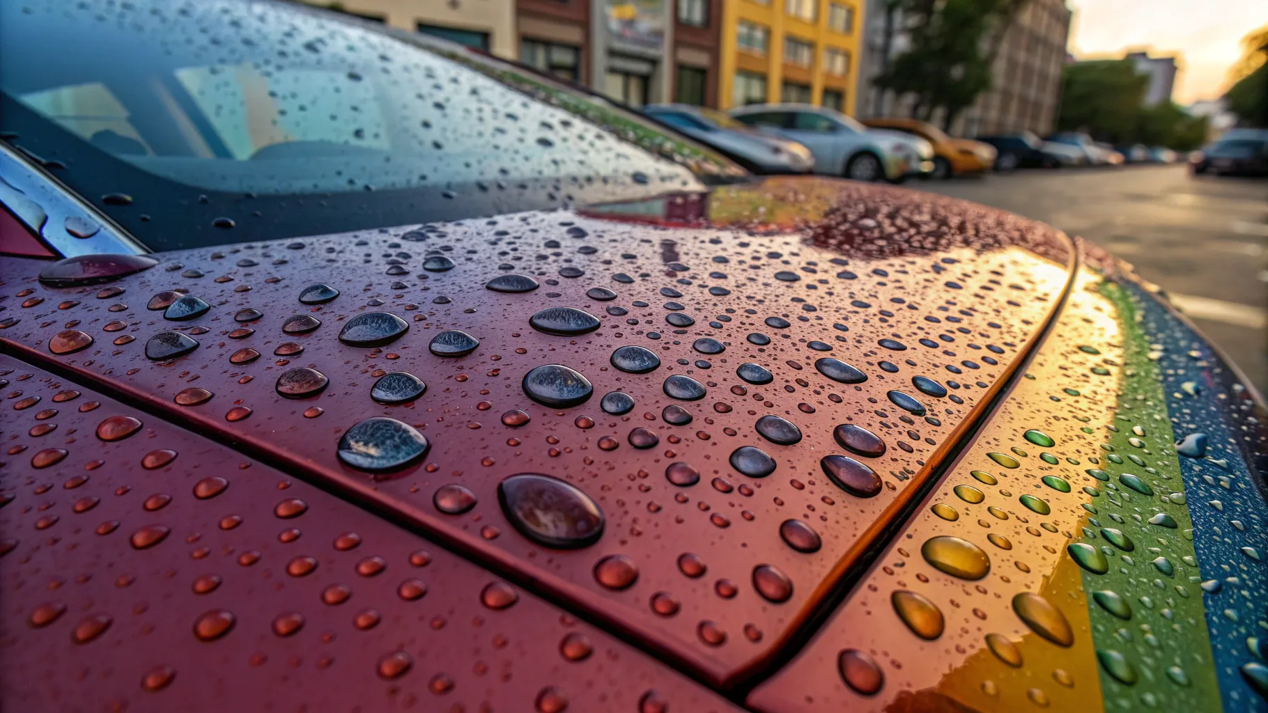 What to know about ceramic coating: glossy surface with water beads and reflections.