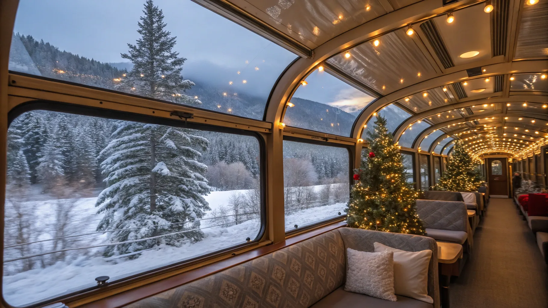 Chicago to Seattle Christmas Train Tour features cozy interiors and snowy landscapes.