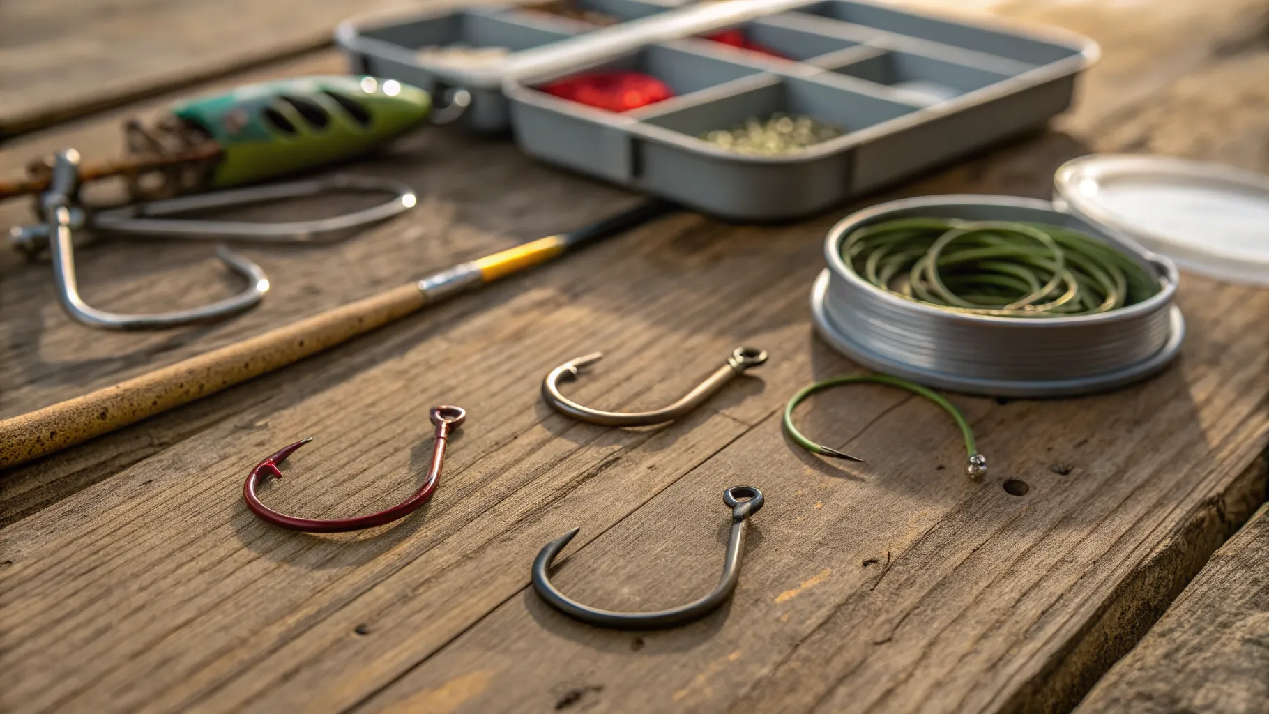 Circle Hooks for Sale: An assortment of shiny hooks on a rustic table with fishing gear.