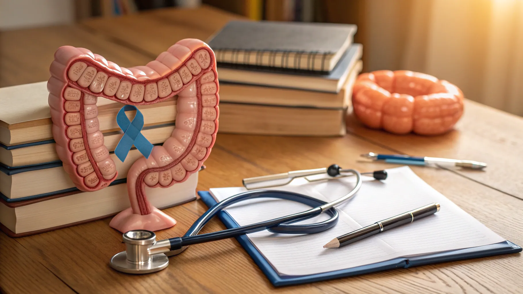 Understanding colon cancer symptoms through detailed anatomical medical model and books.