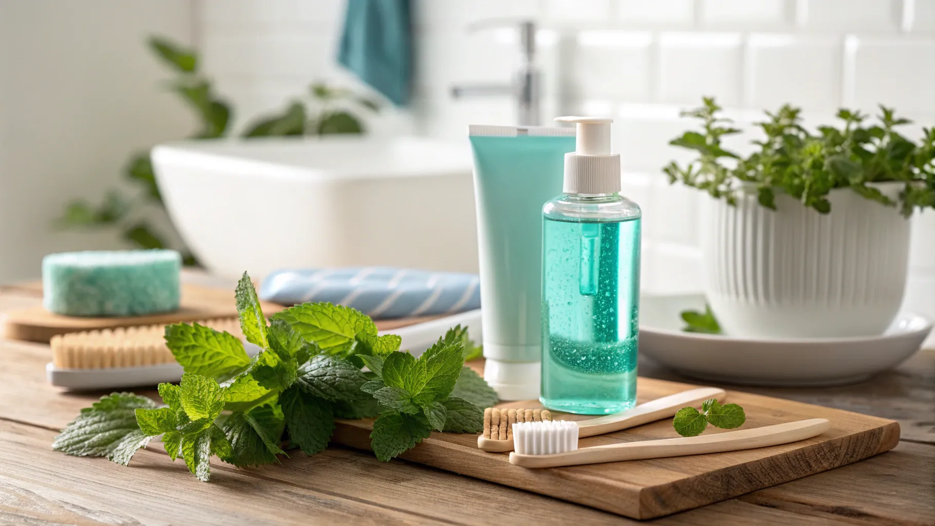 Bad Breath Causes and How to Fix: Dental hygiene items on a wooden countertop.