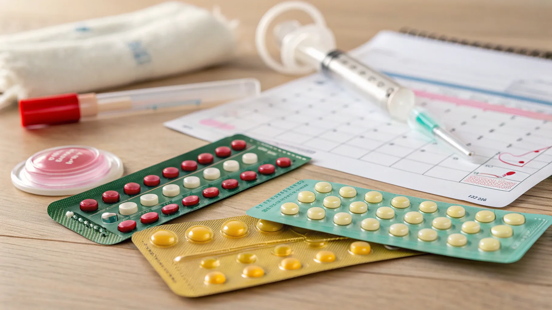Different Contraceptive Methods Explained: Various birth control methods displayed on a table.