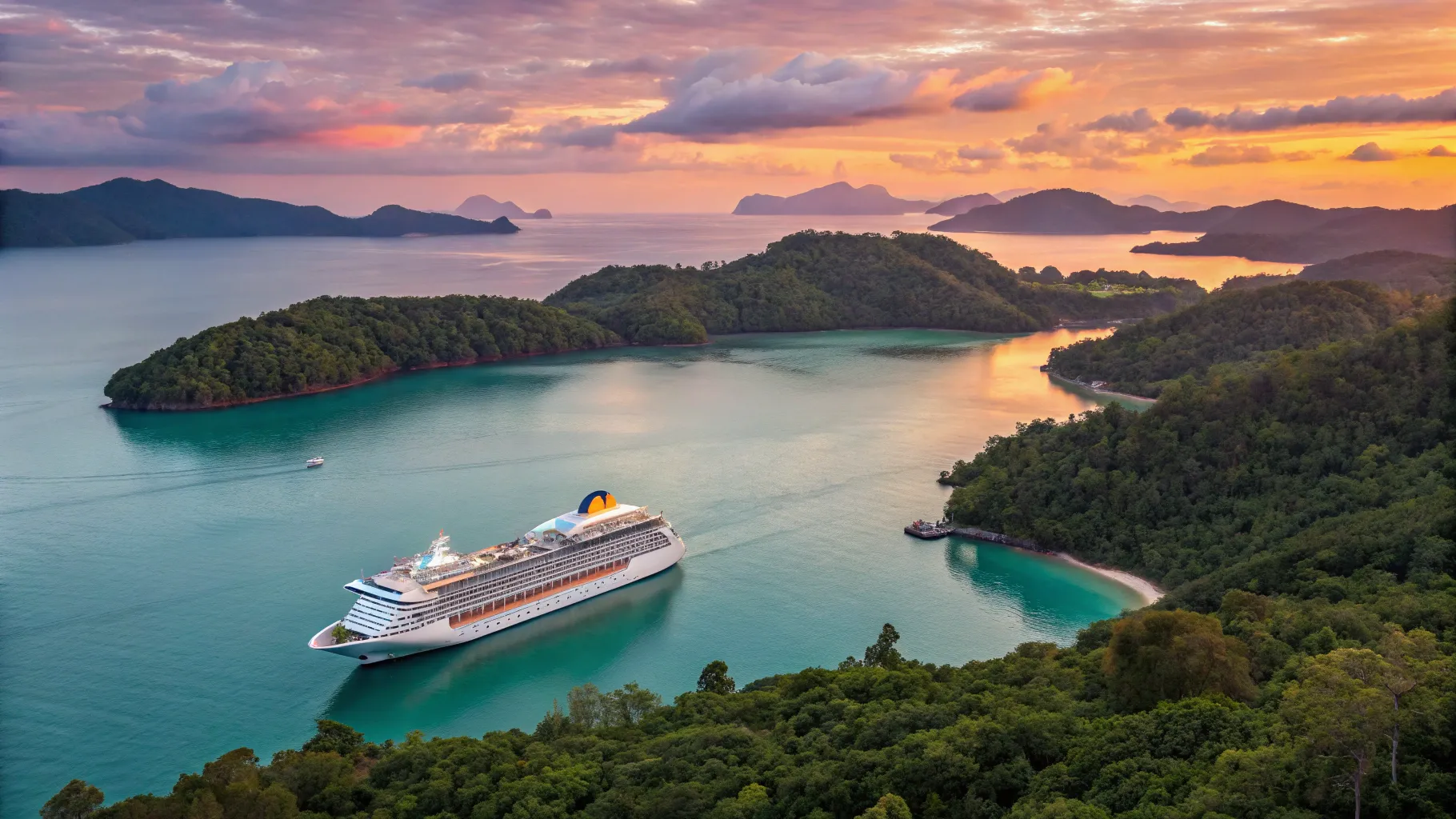 Ultimate Malaysia Cruise Guide 2026/2027: Luxurious ship at sunset near Langkawi.