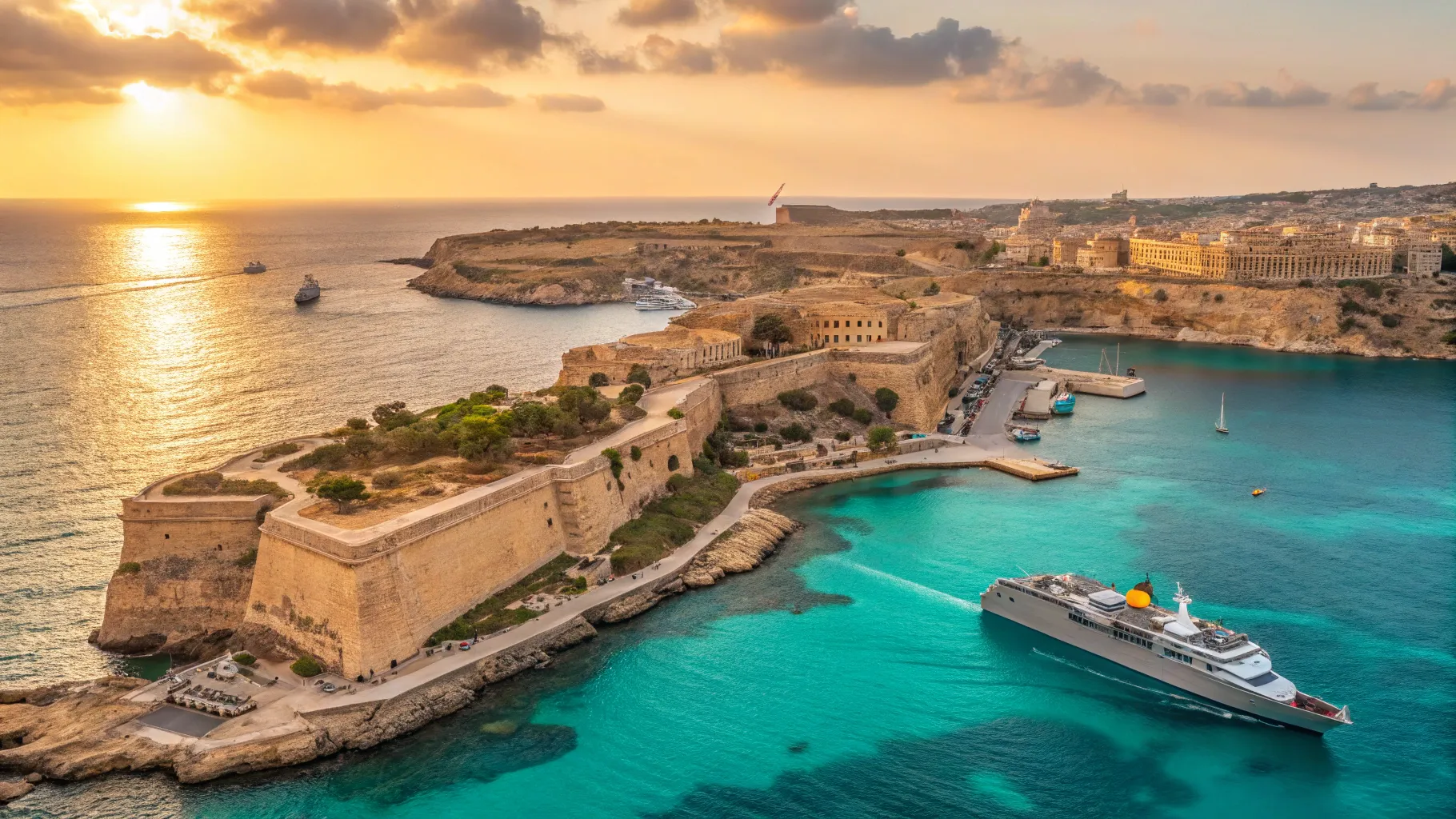 Ultimate Malta Cruise Guide 2026/2027: Aerial view of Malta's coast and a cruise ship.