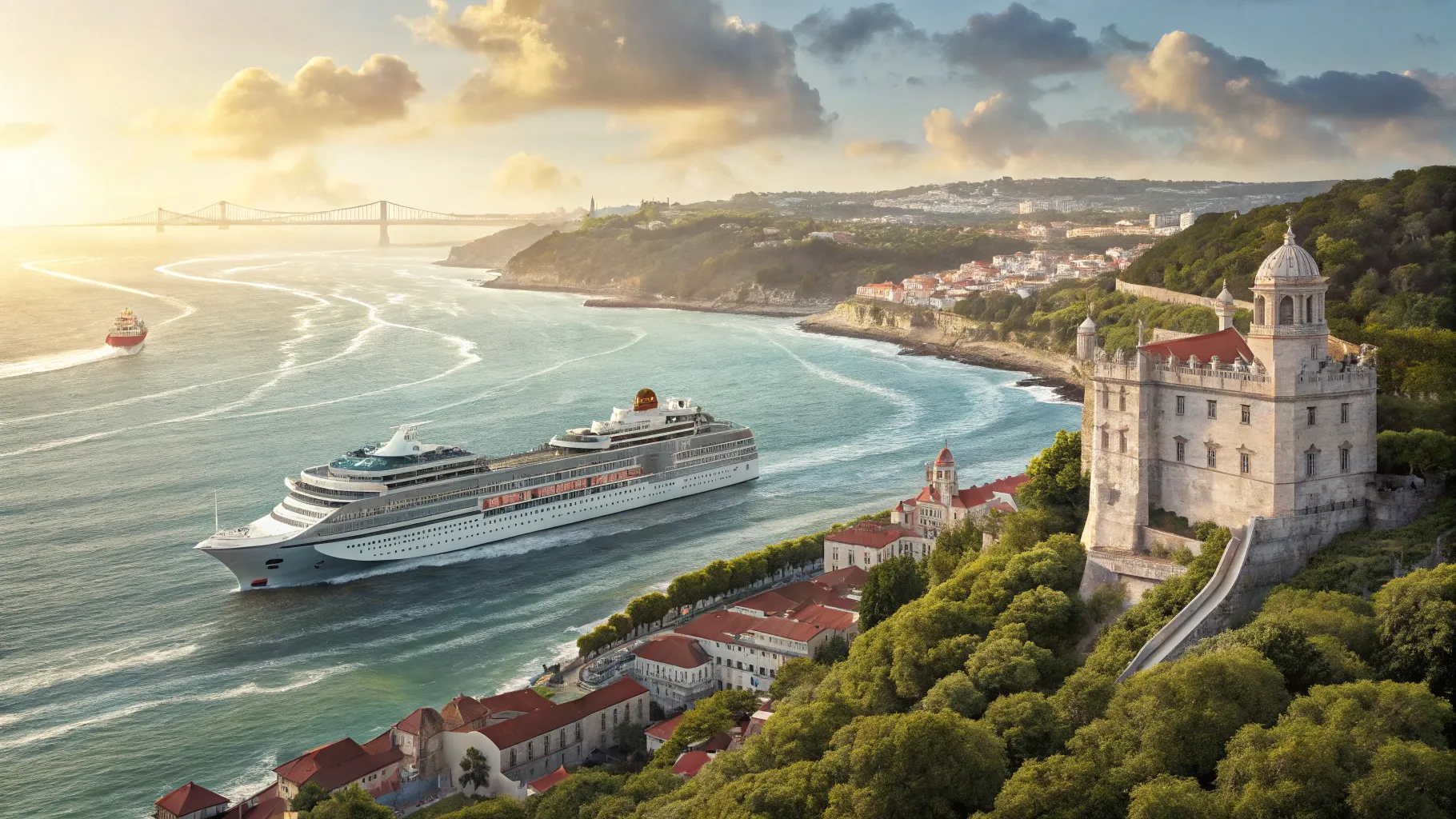 Ultimate Portugal Cruise Guide 2026/2027 view of a cruise ship by Lisbon's coastline.