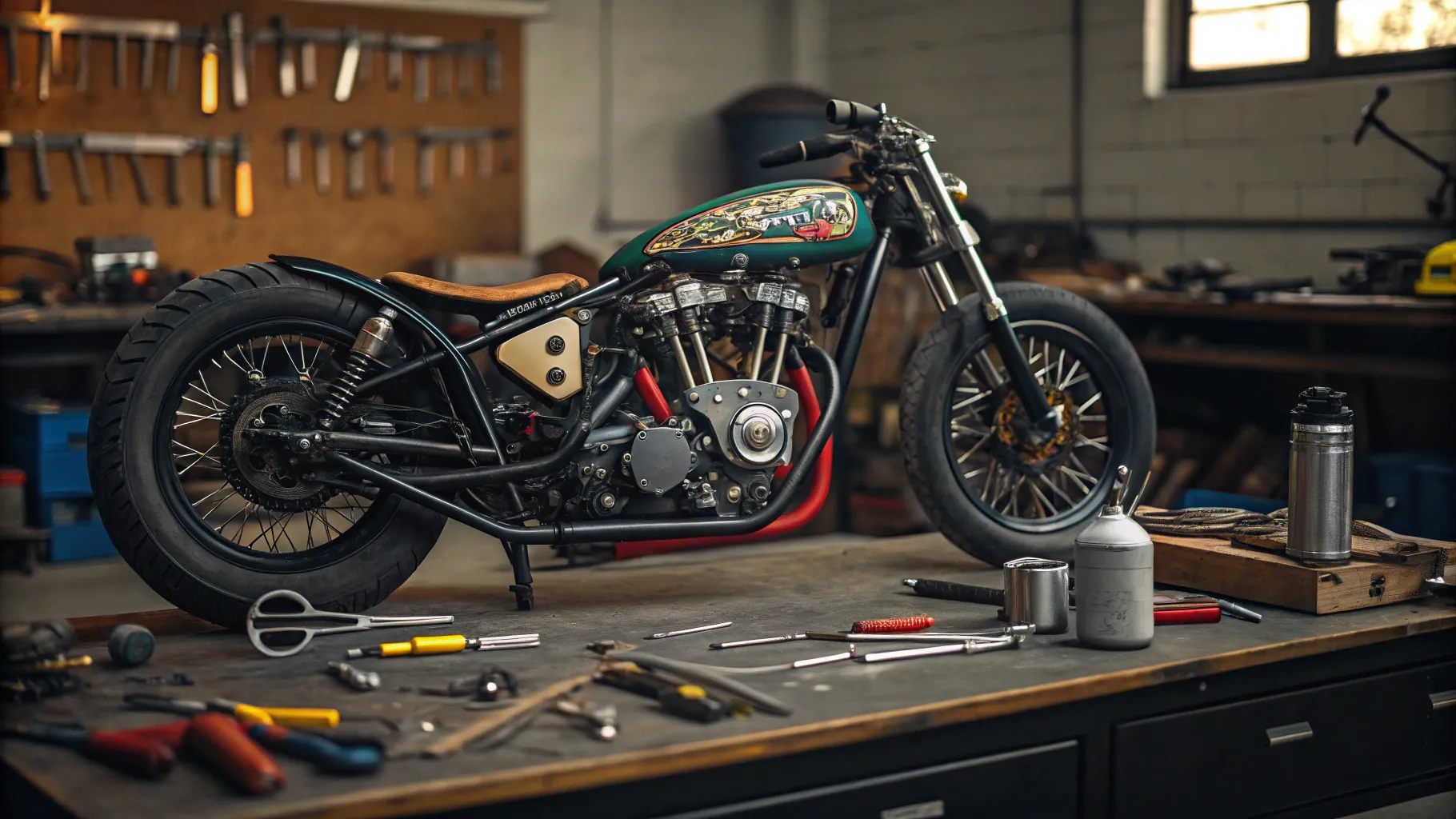 Affordable custom motorcycles being built in a detailed workshop environment.