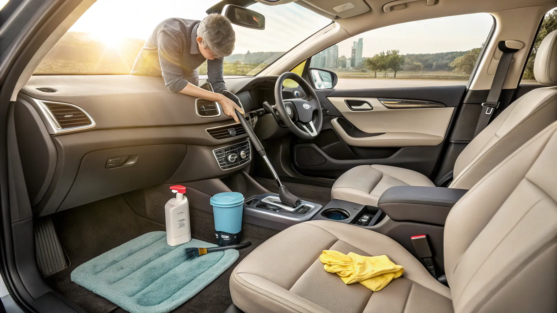 Steps for deep cleaning your car interior: a tidy car with cleaning supplies and fresh surfaces.