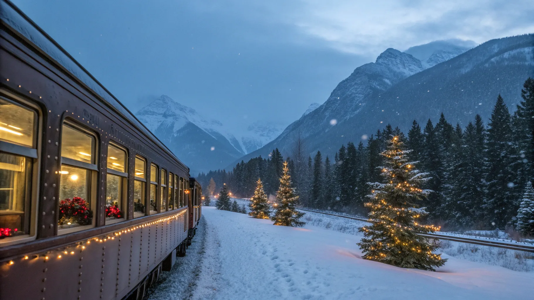 Denver to Salt Lake City Christmas Train Tour through a snowy mountain landscape.