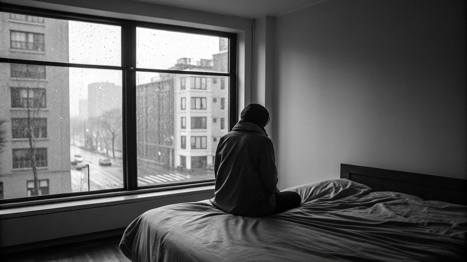 A person seen from behind, sitting in a darkened room and looking out a window at a blurry city, depicting the common signs of post traumatic stress like isolation.