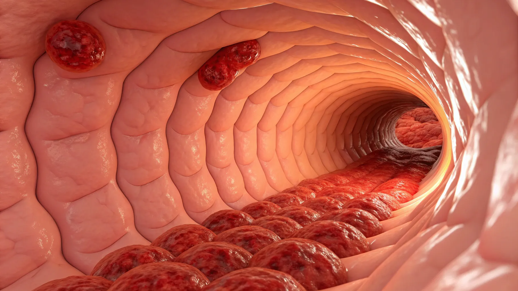 Main Symptoms of Colitis shown through contrasting healthy and inflamed colon sections.