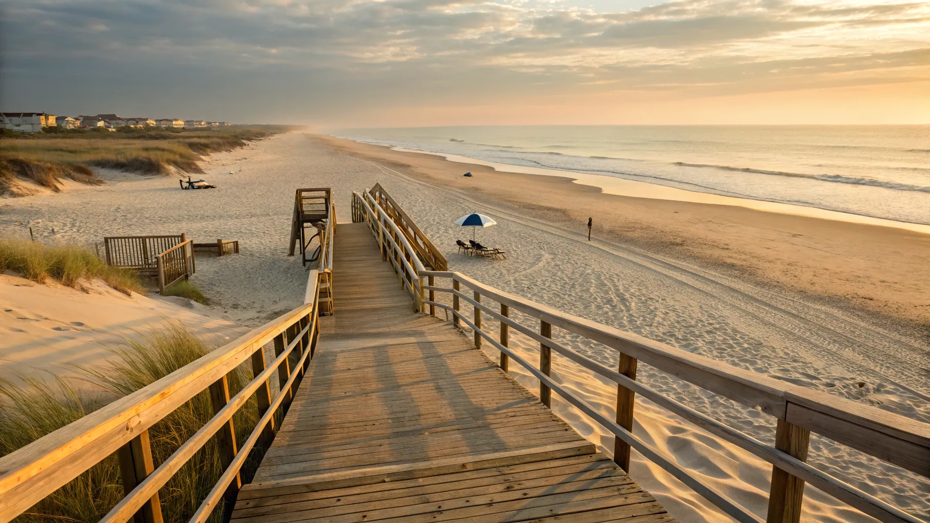 A serene view of one of the best east coast beaches for seniors with a wooden boardwalk