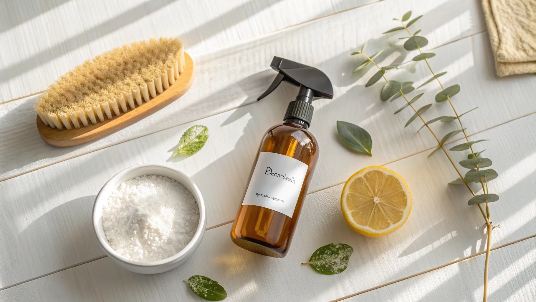 A collection of sustainable home cleaning options, including amber glass bottles and natural brushes, representing effective eco-friendly home cleaning products.