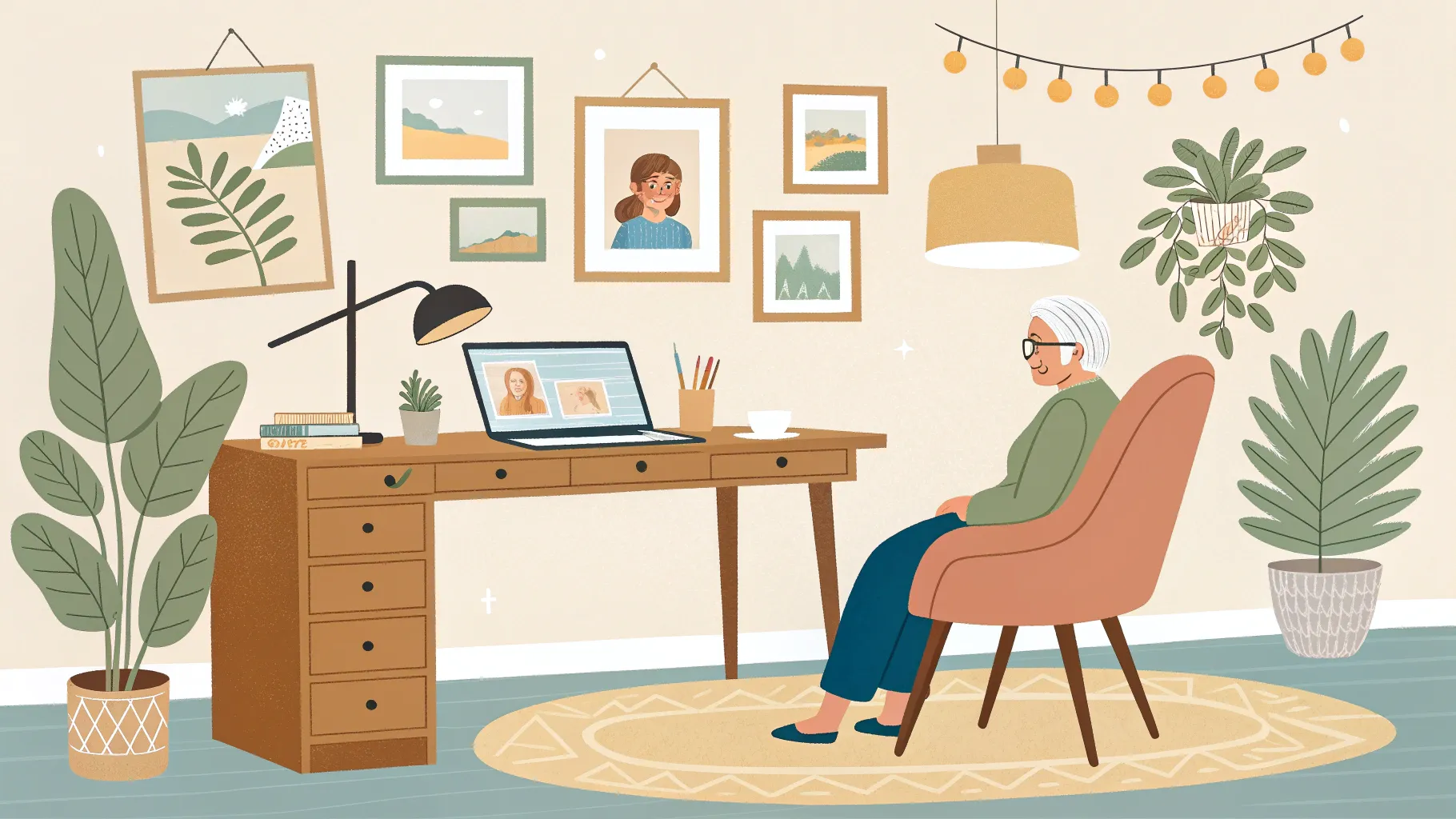 Mental health & teletherapy for seniors: a warm, inviting home office for online sessions.