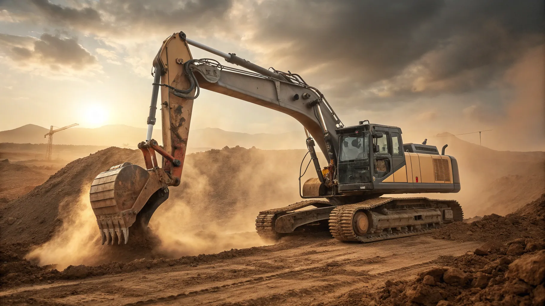 Excavator Engine Filters in action at a busy, dusty construction site