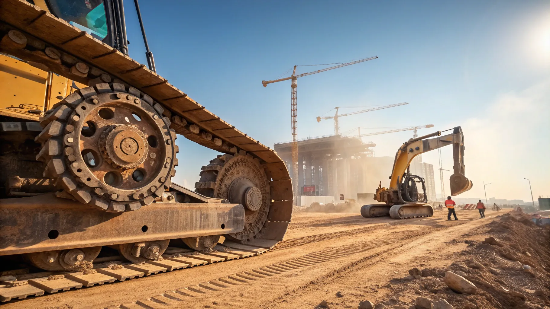 Excavator sprockets in action at a busy 2025 construction site with vibrant detail.