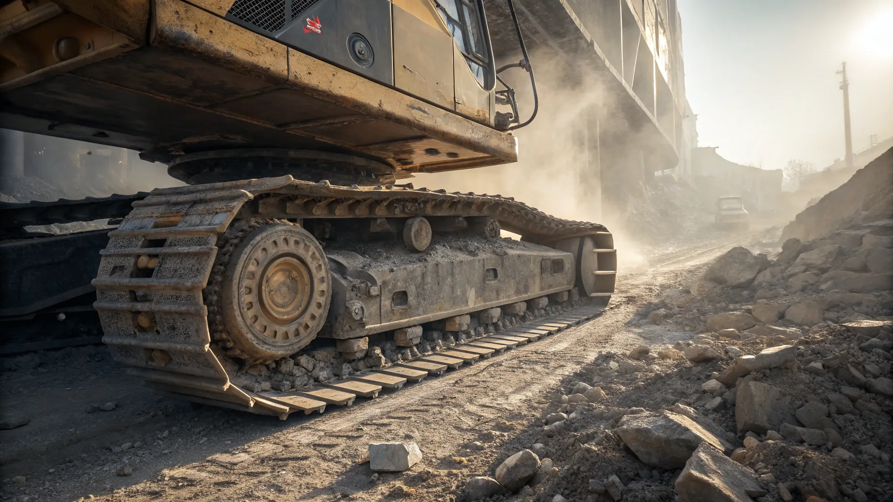 Excavator Track Rollers: Focused close-up undercarriage in a dusty construction site.