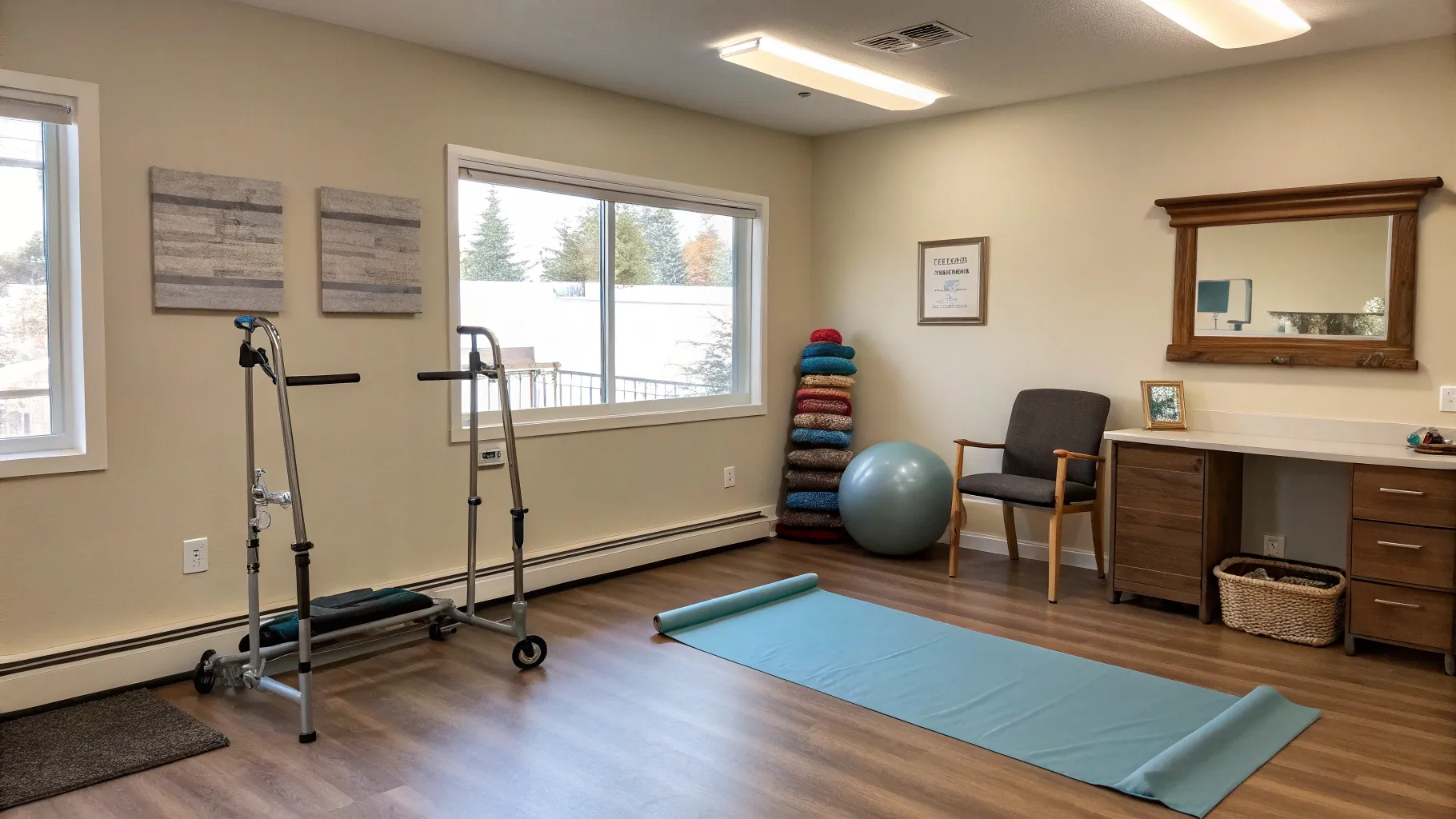 Rehab Tips for Post Hip Surgery Mobility: A warm rehab room with exercise tools and gentle light.