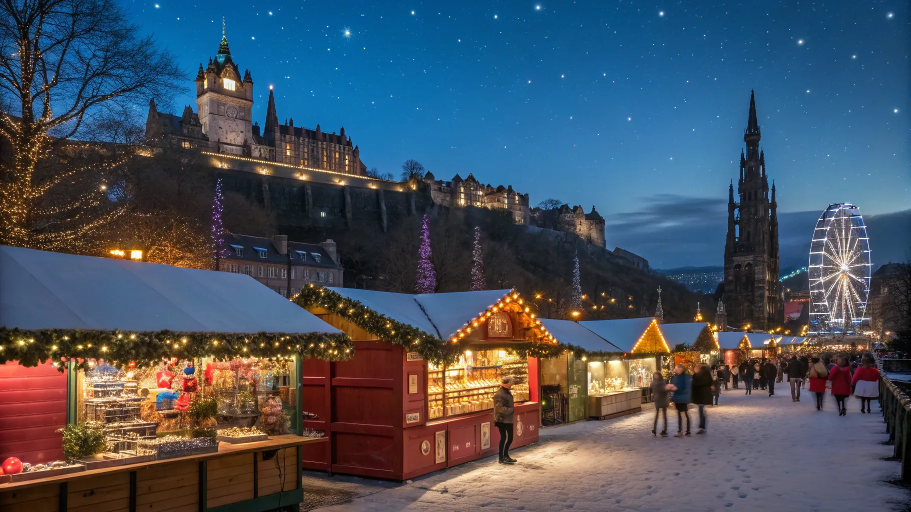 Exploring Festive Events in Edinburgh, a lively Christmas Market with twinkling lights.