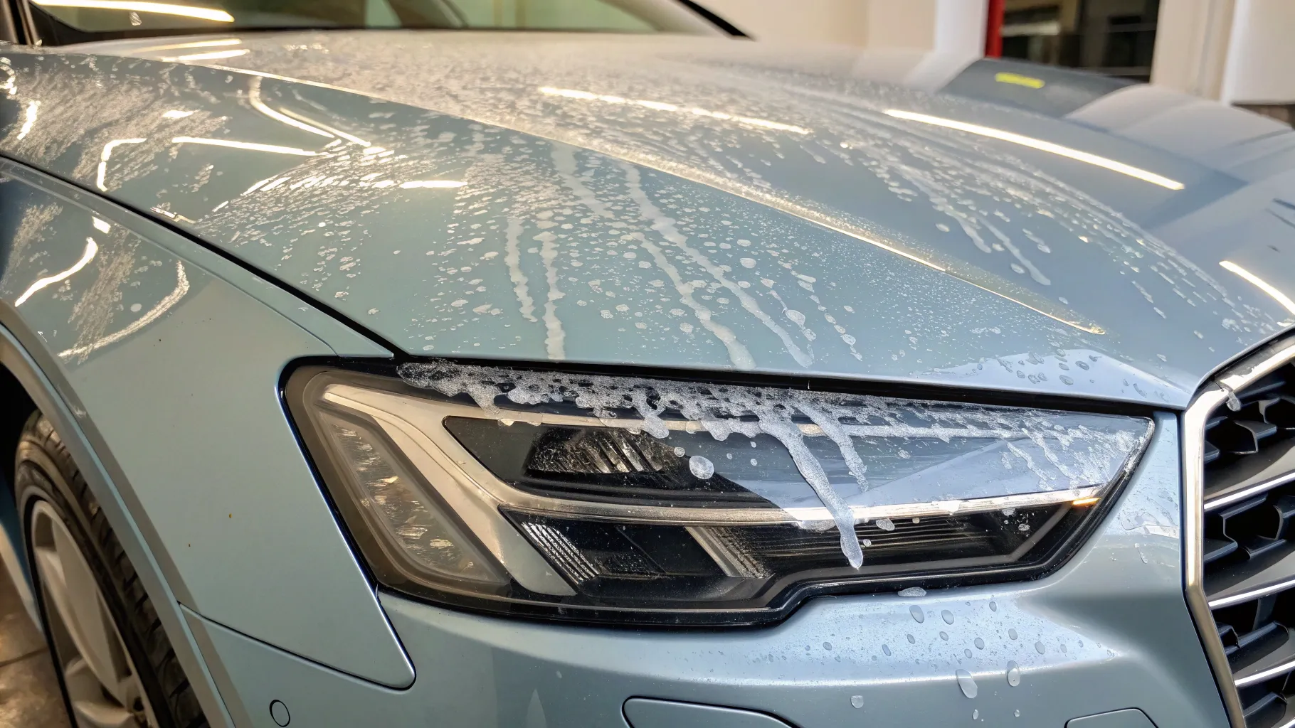 What to do about peeling clear coat: close-up of car hood with repair areas.