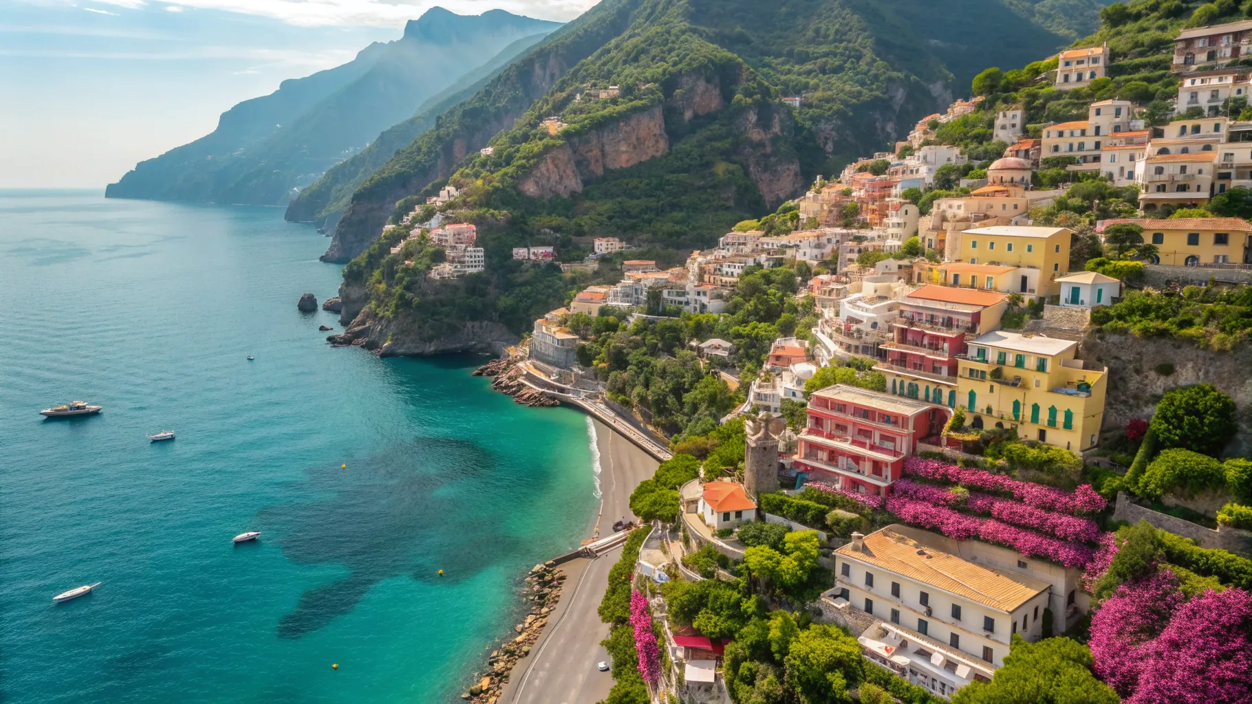 Travel from Ireland to Italy 2026: Aerial view of an Italian coastal town by the sea.