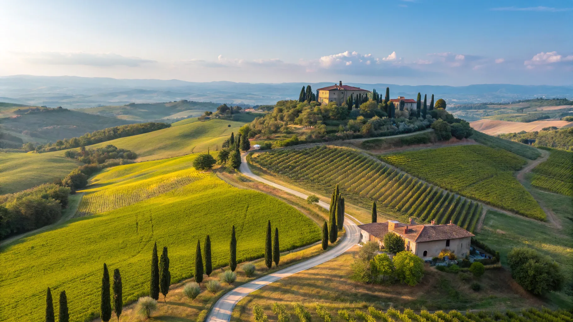 Travel from Australia to Italy 2026: Scenic countryside with vineyards and hills.