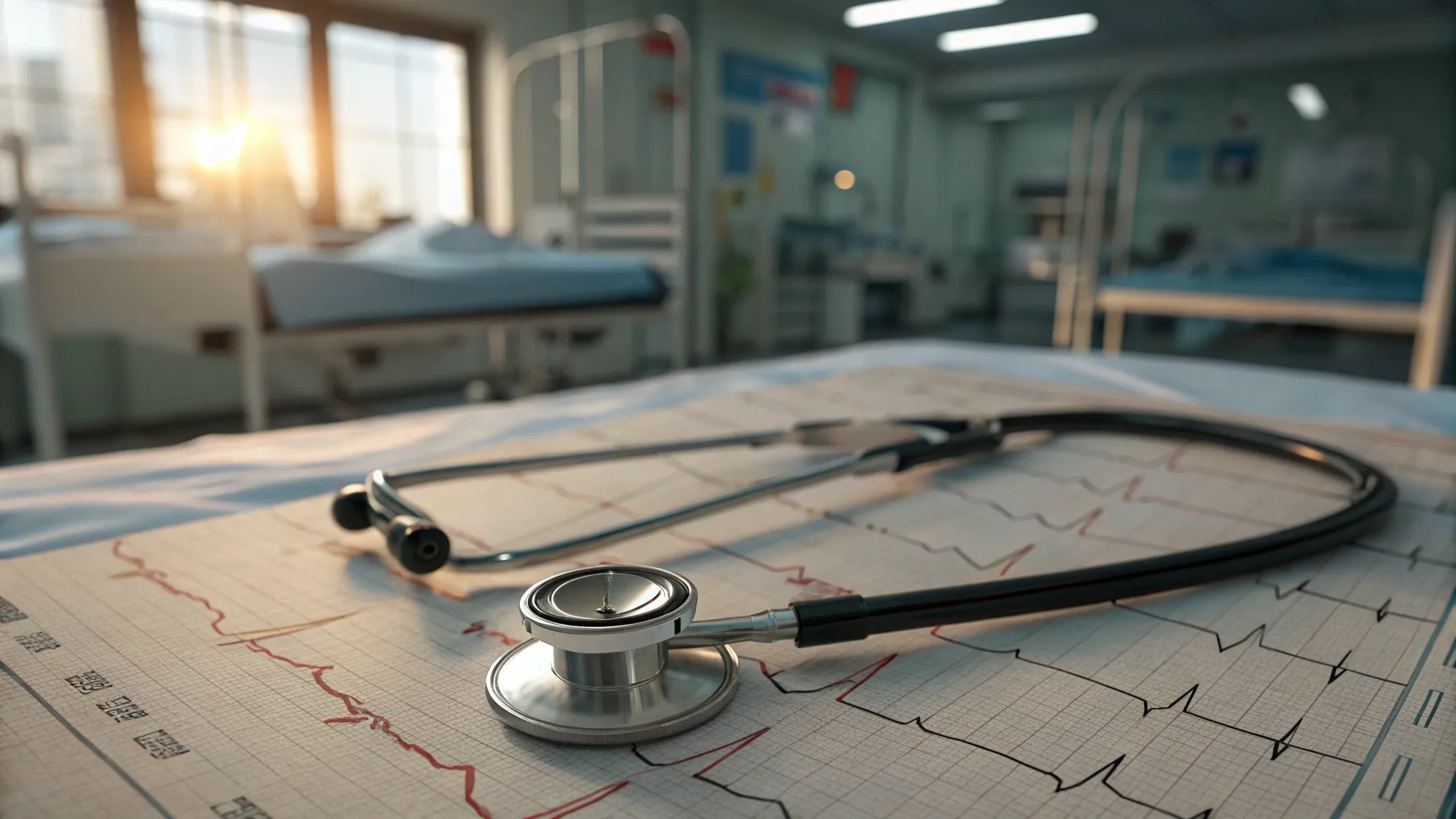 Heart attack symptoms in adults depicted with a stethoscope and heart monitor.