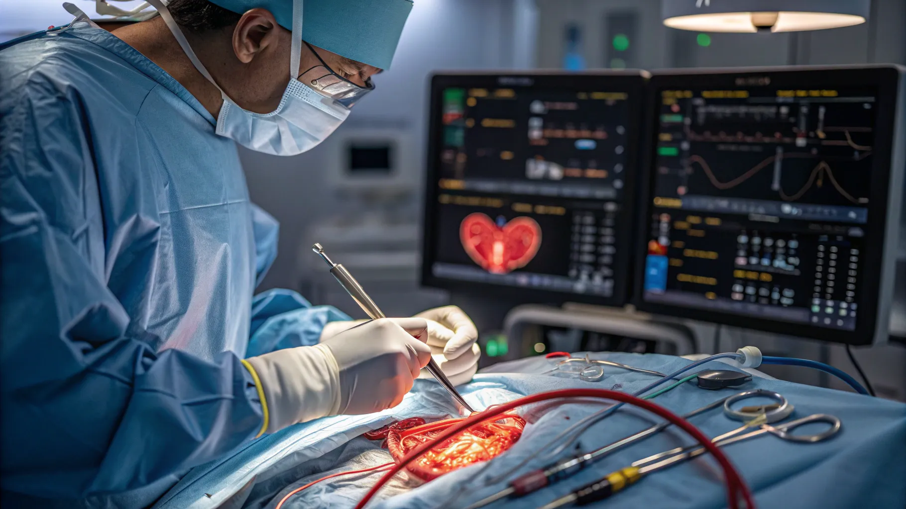Advanced heart valve surgery in action with detailed surgical tools and equipment.