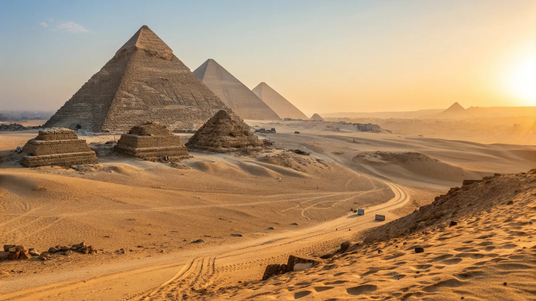 Egypt Tour Packages highlight the stunning Pyramids of Giza at sunset with golden light.