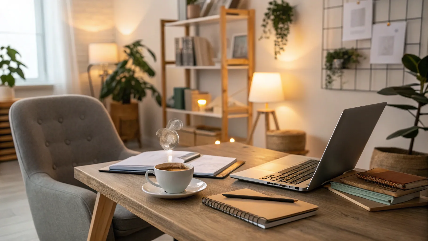 Guide to Part-time Typing Jobs workspace with a laptop, notebooks, and coffee.