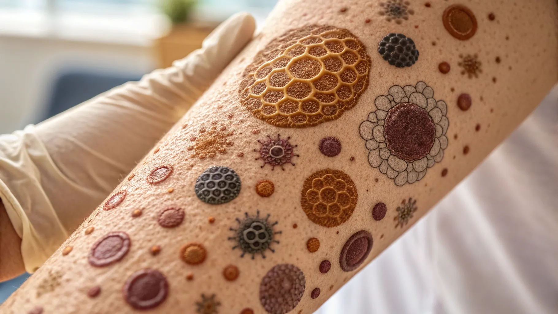 Early Signs of Skin Cancer close-up of various moles on a human arm, showcasing details.