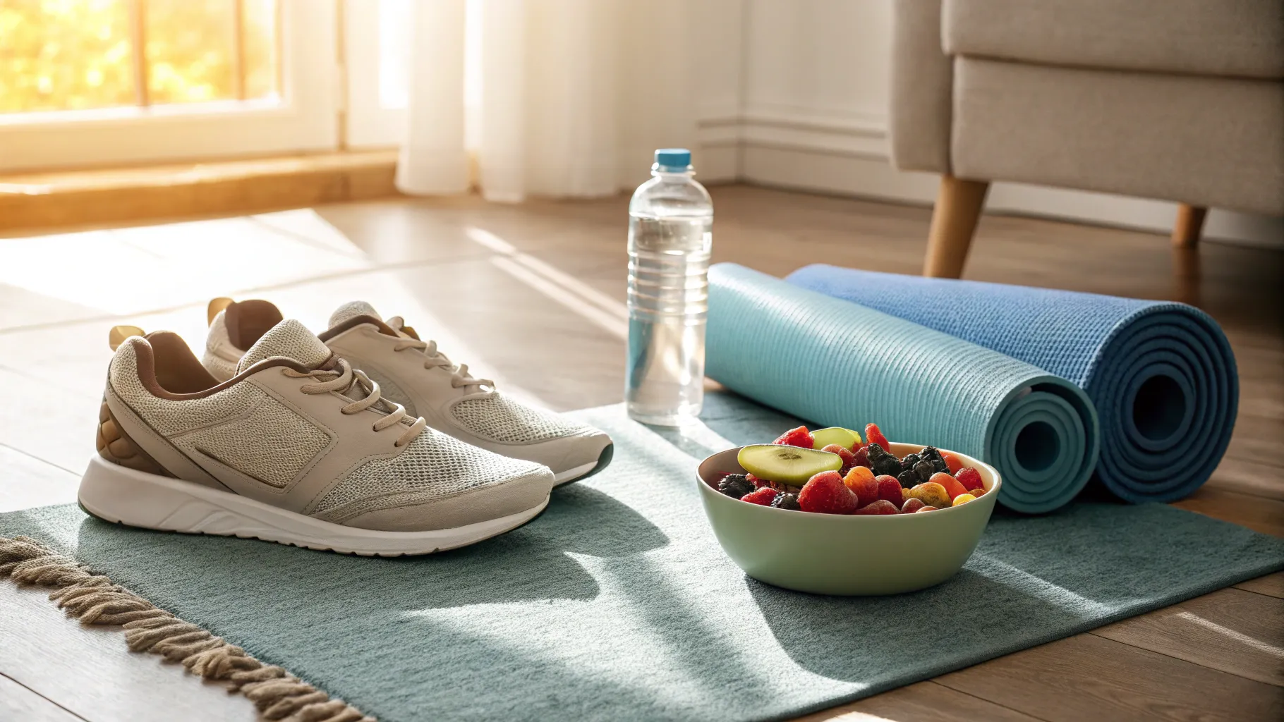 Foot Neuropathy: Comfortable shoes and healthy fruits arranged in a calming indoor space.