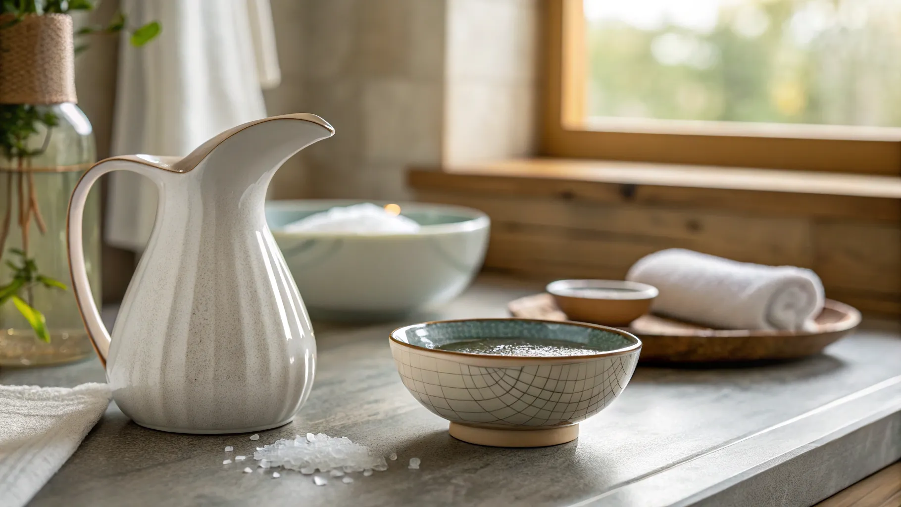 Guide to Using a Neti Pot with a serene bathroom scene and soothing elements.
