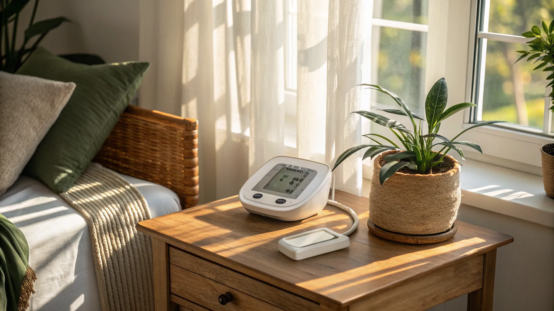 5 Warning Signs of Hypertension; monitor on table with light filtering through window.