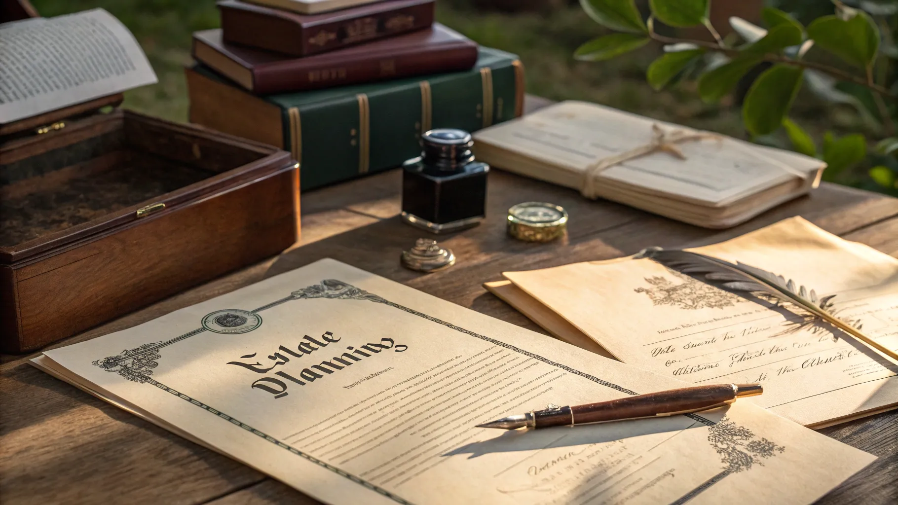 Inheritance Planning Insights: A serene office setup with estate planning documents and greenery.