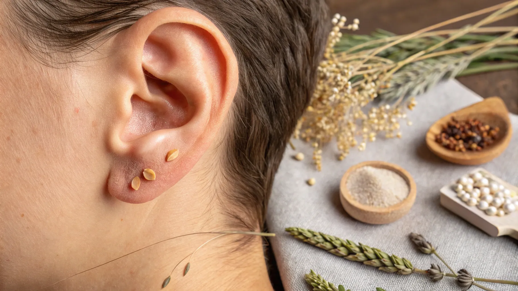 Itchy Ears: Close-up of an ear with signs of irritation amidst allergy-related elements.