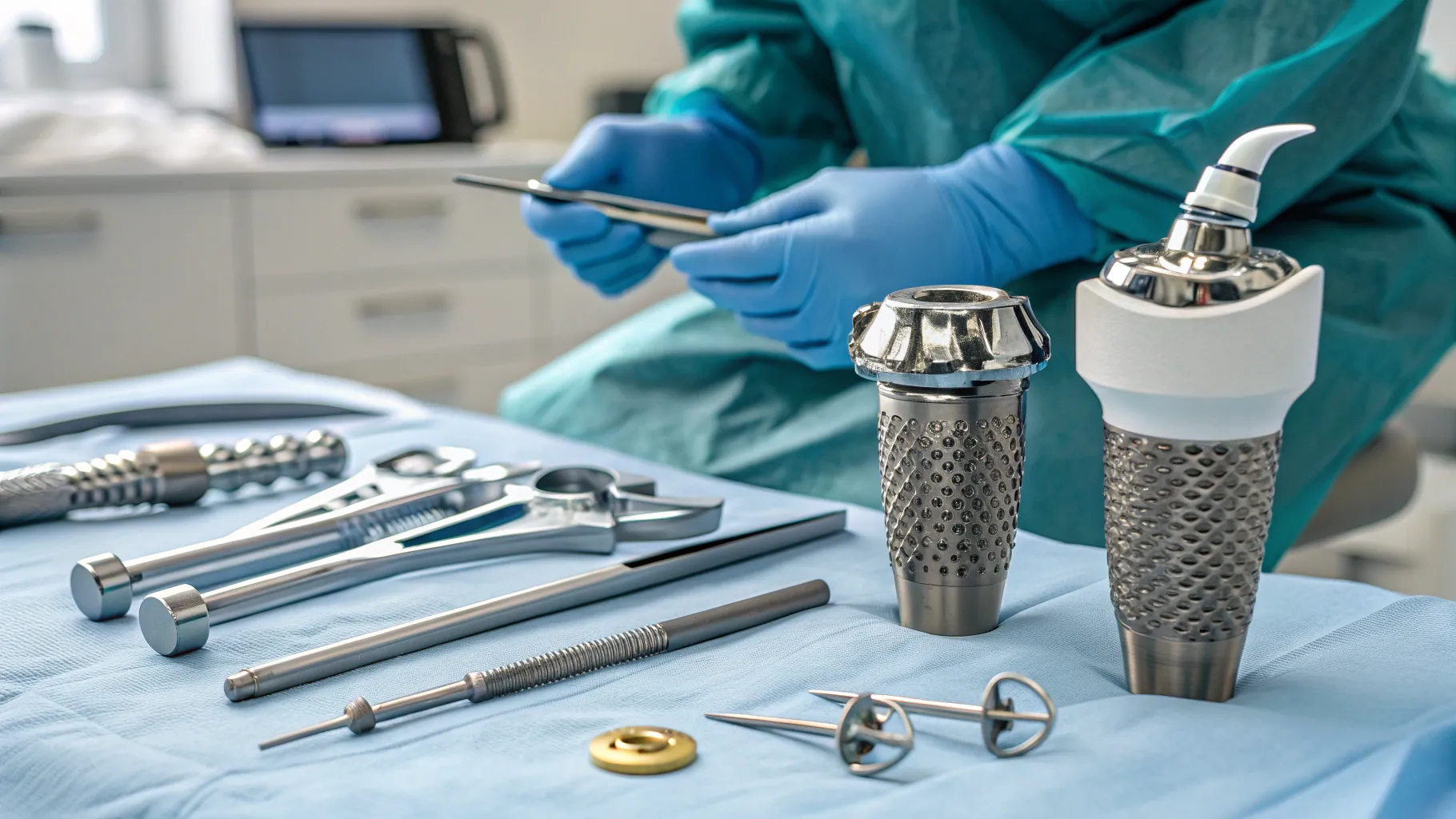 Knee Replacement Surgery for Seniors: surgical tools and implants in a sterile setting.