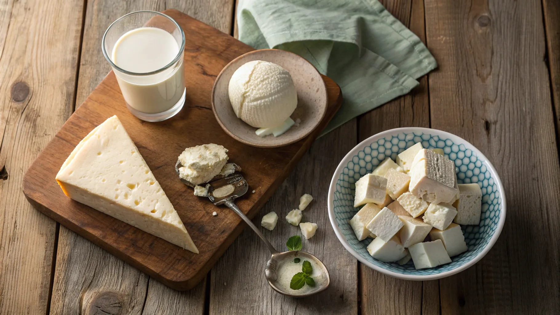 A variety of foods to avoid with lactose intolerance next to safe dairy alternatives