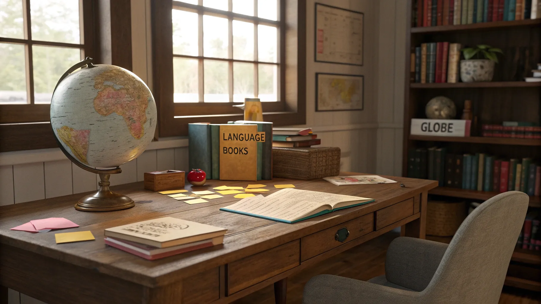 Language Learning for Seniors: A warm study space filled with books and language materials.