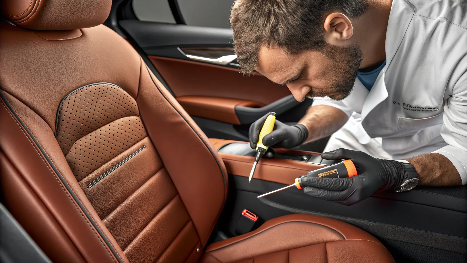Tips for repairing leather car seats: Showing tools and repair work on a textured seat.