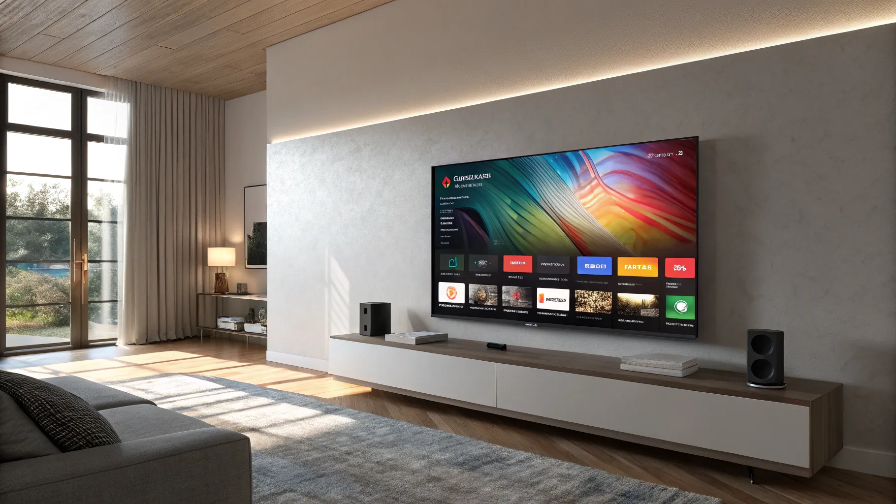 A modern living room with a large screen TV showing a grid of streaming service app icons.
