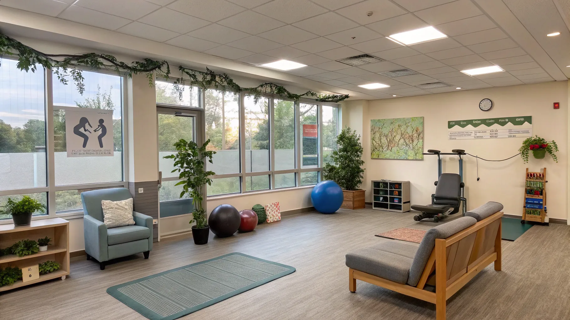 Long COVID rehab for seniors in a bright, inviting therapy space with exercise equipment.