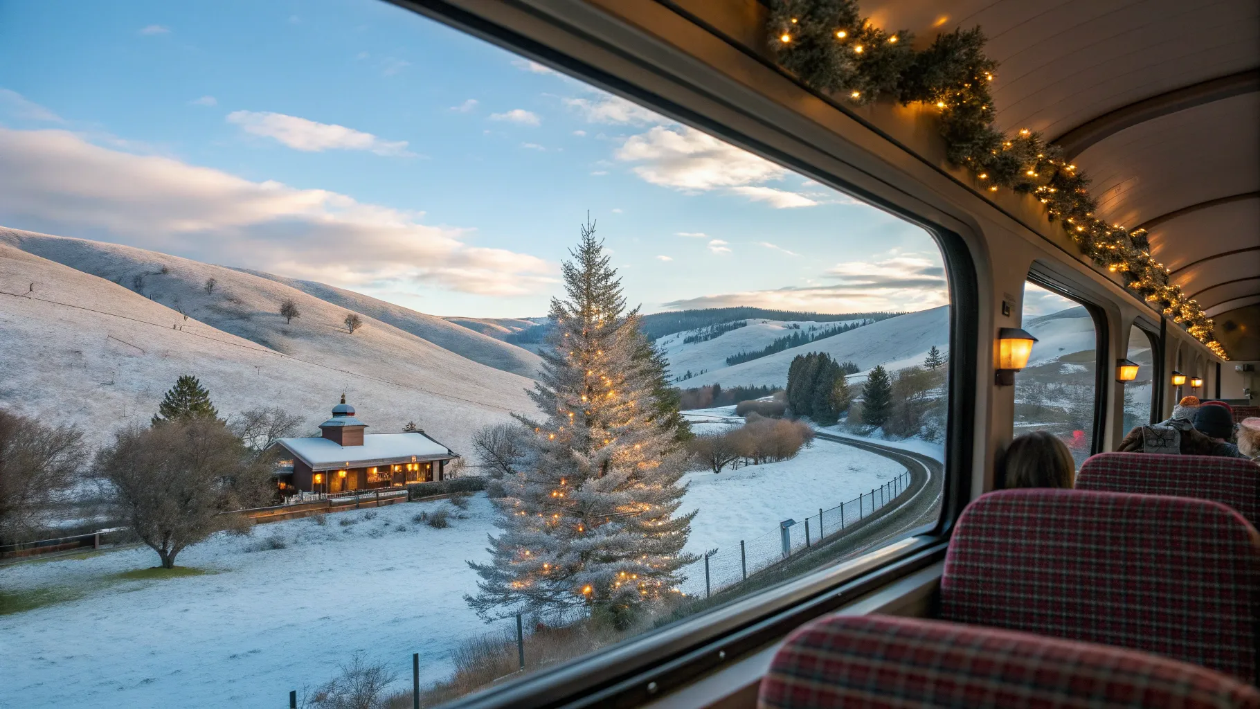 Los Angeles to San Francisco Christmas Train Tour features a snowy landscape and holiday decor.