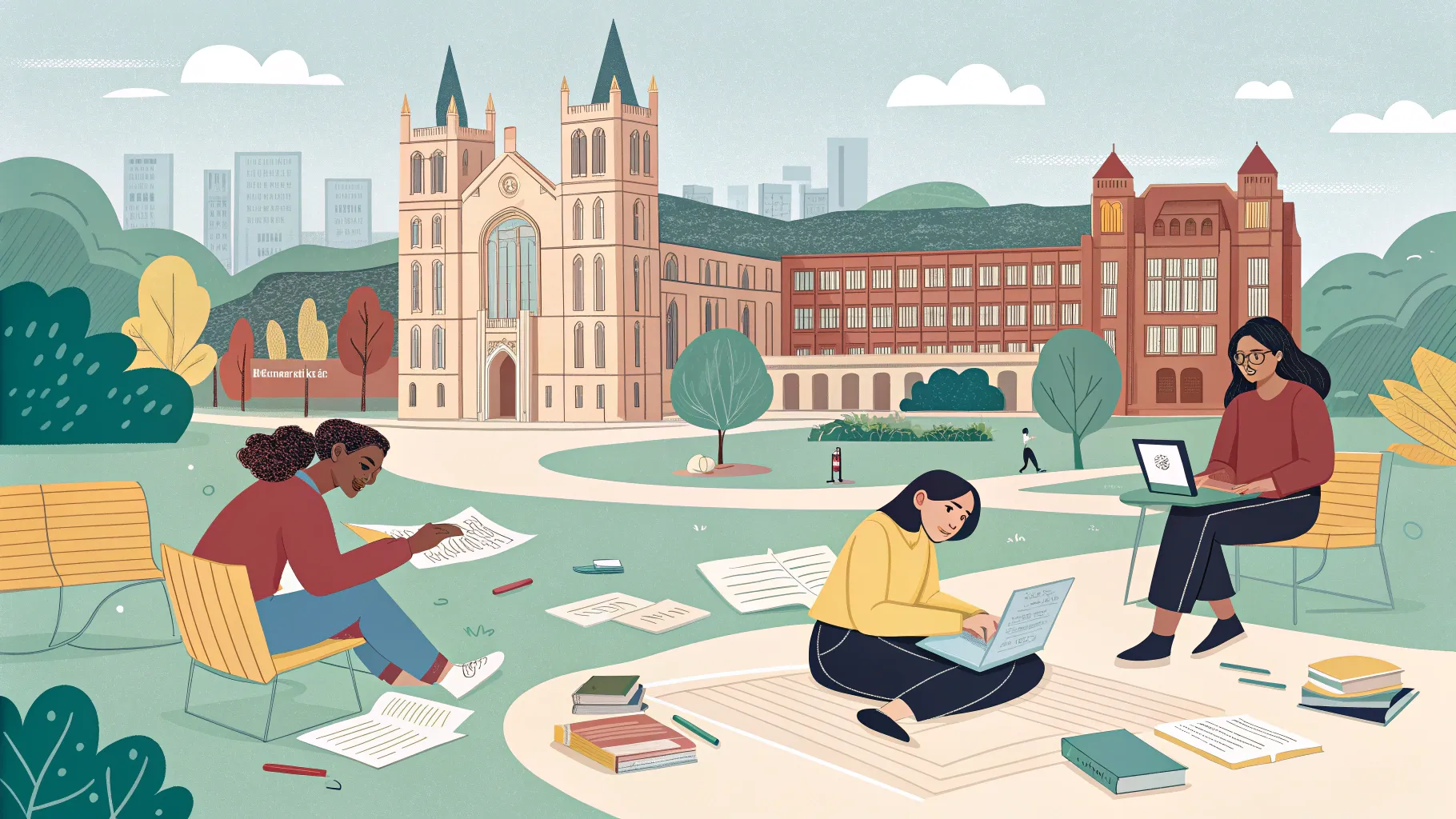 Journalism Scholarships: Students engaged in media studies on a dynamic university campus.