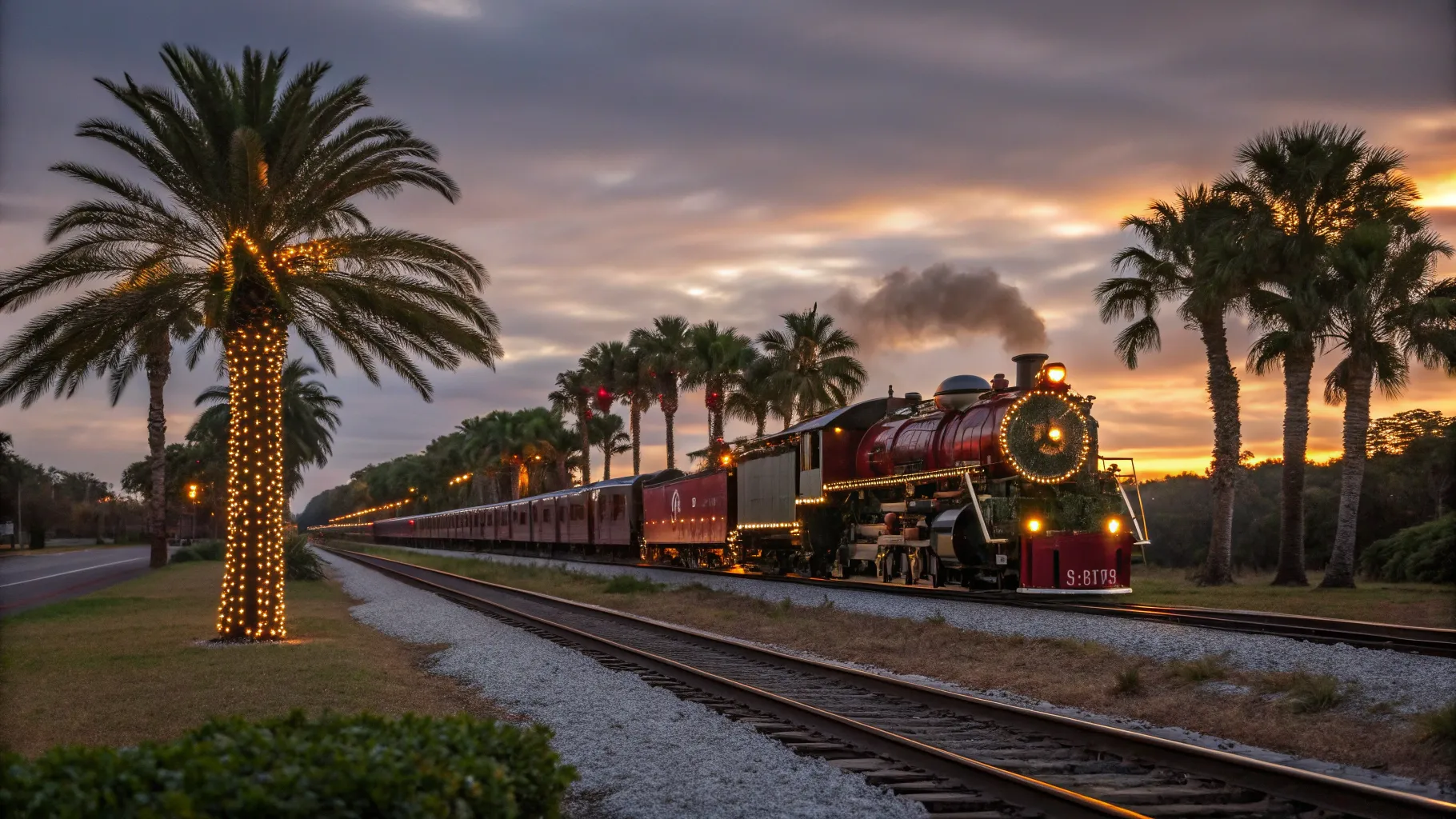 Miami to Orlando Christmas Train Tour passing through a festive Florida landscape.